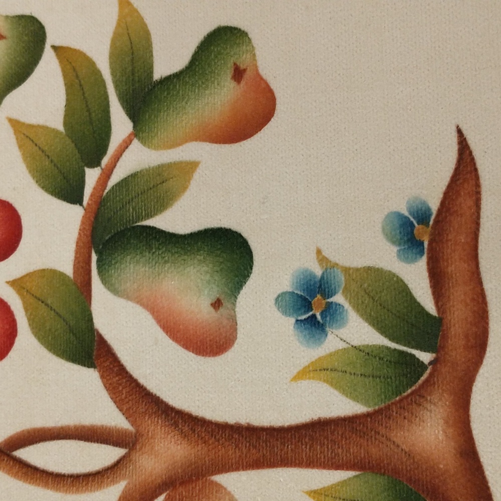 Charming 1978 Theorem Hand Painted on Velvet Pear & Cherry Tree w Flowers Unfram - Picture 2 of 7